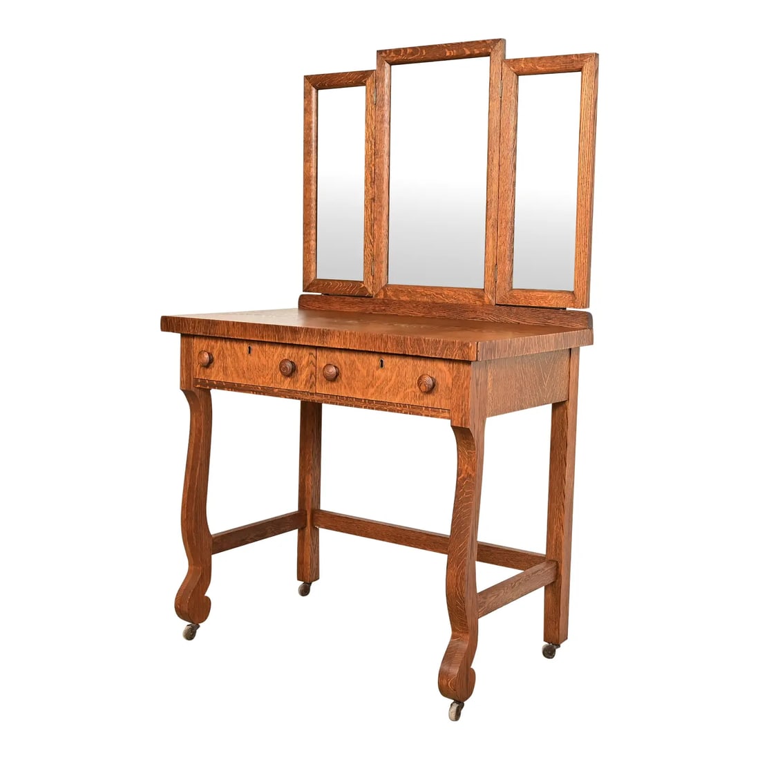 Antique American Empire Tiger Oak Vanity Dressing Table With Mirror, Circa 1900 (1 of 14)