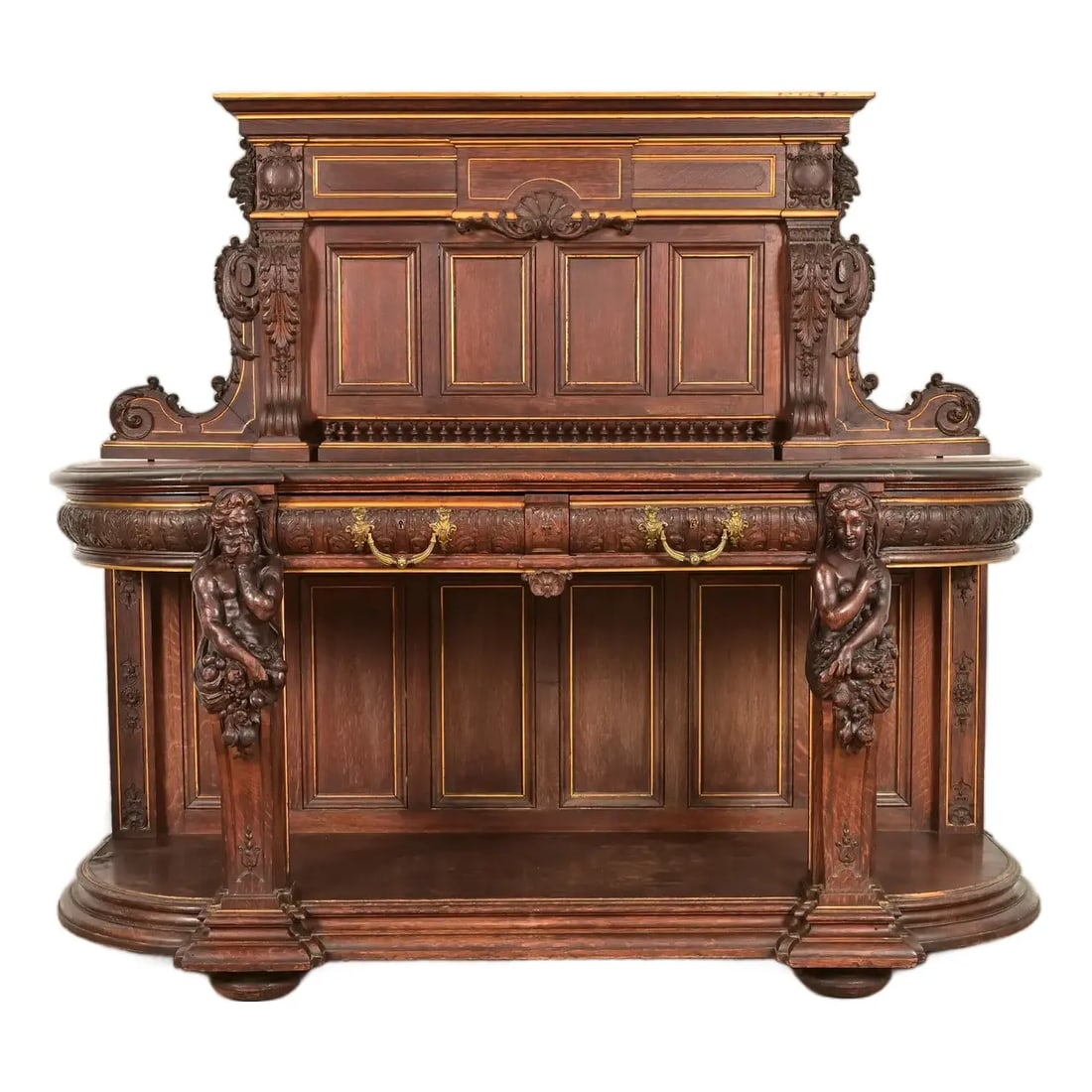 R. J. Horner Renaissance Revival Ornate Carved Oak Sideboard or Bar Cabinet, Circa 1880s: An exceptional antique Victorian or Renaissance Revival sideboard, credenza, or bar cabinet Attributed to R.J. Horner & Co. USA, Circa 1880s Quarter sawn oak, with ornate carved figures, gold gilt acc