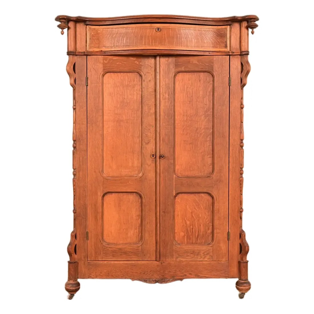 Antique Victorian Carved Oak Wardrobe or Armoire Dresser, Circa 1890s: A gorgeous antique Victorian armoire dresser, wardrobe, or gentleman's chest In the manner of R.J. Horner & Co. USA, Circa 1890s Measures: 46.5"W x 22.75"D x 65"H. Good vintage condition. Interior ret