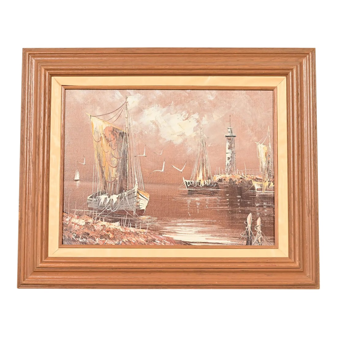 Rikard Lindström Original Signed Oil Painting on Canvas of Ships in Harbor in Carved Wood Frame: A beautiful original oil painting on canvas seascape scene of ships in harbor in carved wood frame Signed by listed artist Rikard Lindström (1882-1943) Sweden, Early 20th Century Measures: 22"W x 1.5