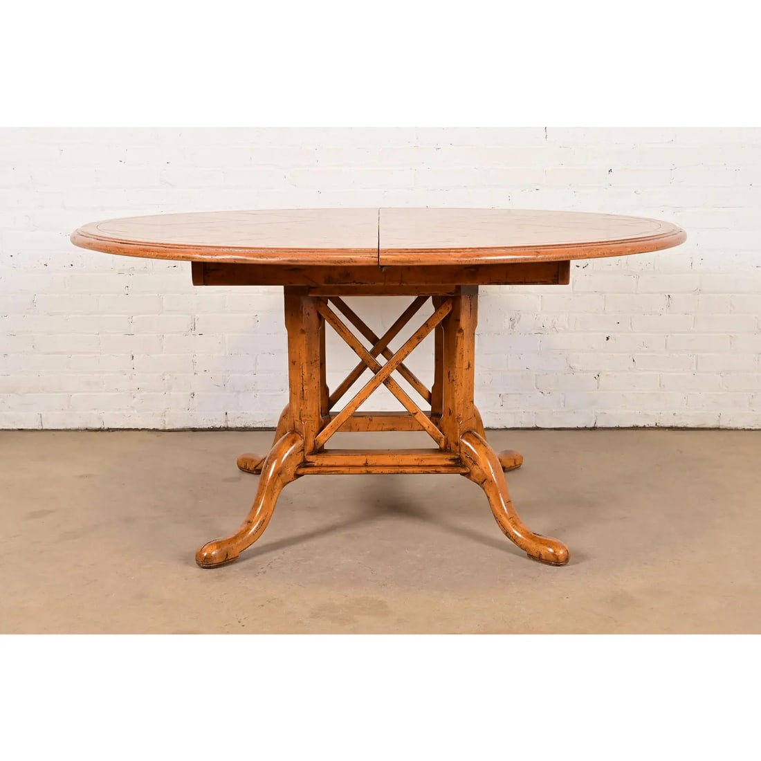 Guy Chaddock English Country Rustic Oak Pedestal Extension Dining Table With Patchwork Parquet Top - 2