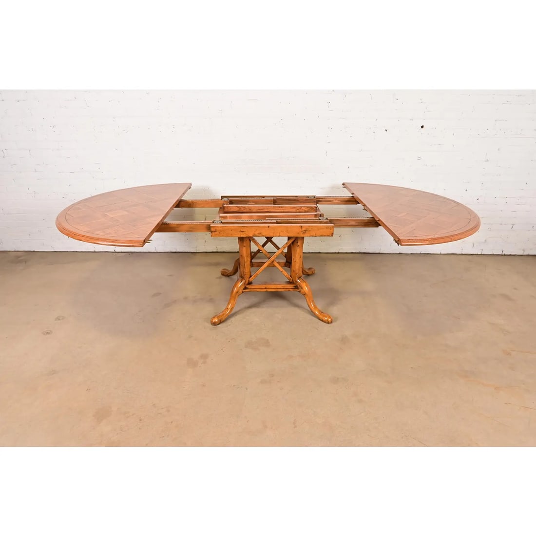 Guy Chaddock English Country Rustic Oak Pedestal Extension Dining Table With Patchwork Parquet Top - 6