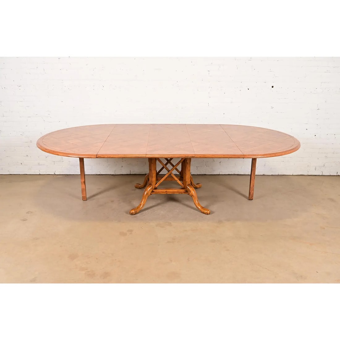 Guy Chaddock English Country Rustic Oak Pedestal Extension Dining Table With Patchwork Parquet Top - 7