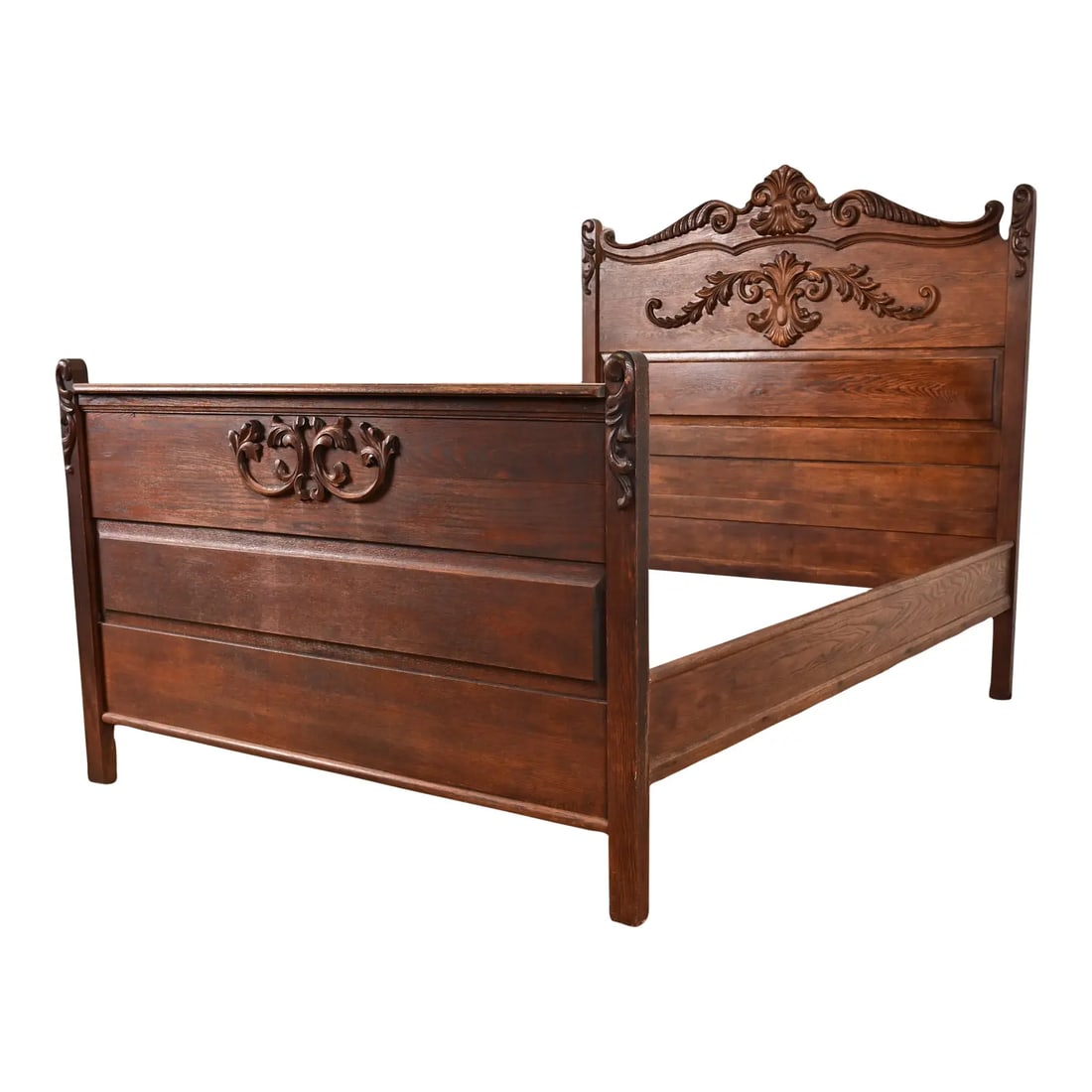Antique Victorian Carved Oak Full Size Bed, Circa 1890s (1 of 14)