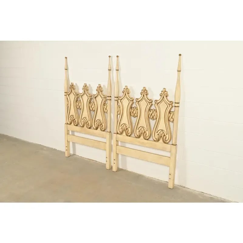 Romweber Hollywood Regency French Rococo Cream Lacquered and Parcel Gilt Twin Size Headboards, Pair - 3
