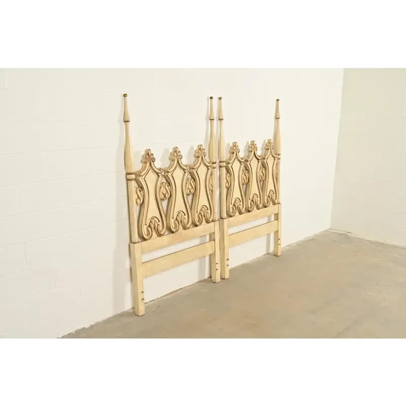 Romweber Hollywood Regency French Rococo Cream Lacquered and Parcel Gilt Twin Size Headboards, Pair - 4