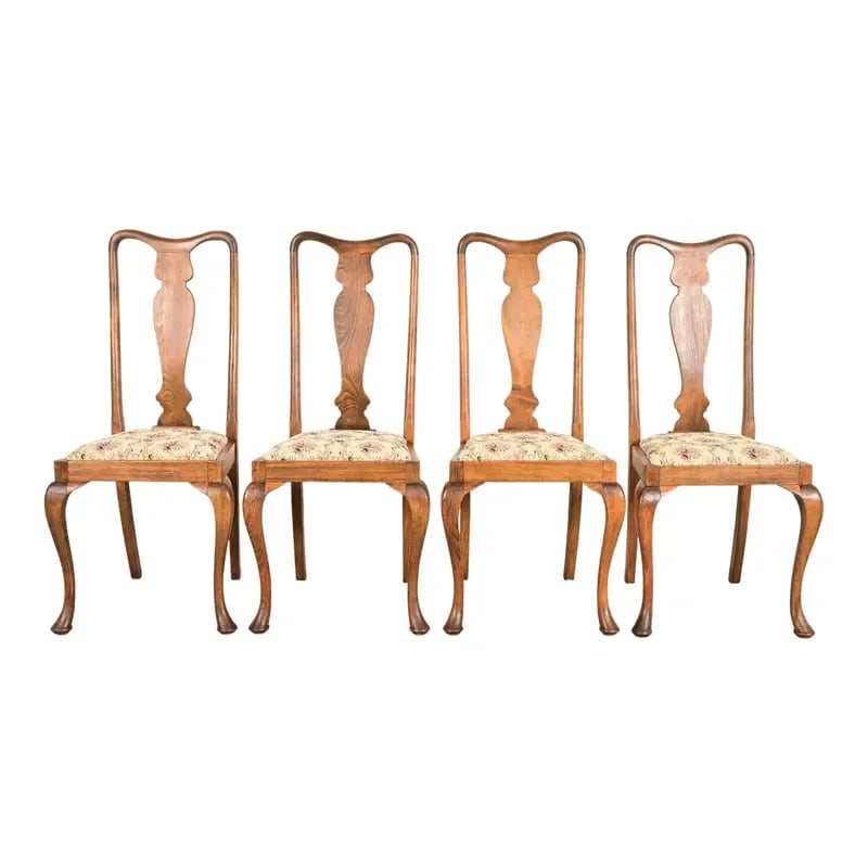 Baker Furniture Style Queen Anne Solid Oak Dining Chairs, Set of Four (1 of 11)