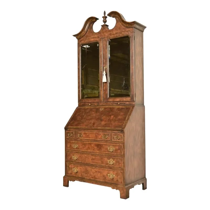Baker Furniture Georgian Banded Burled Walnut Drop Front Secretary Desk With Bookcase Hutch (1 of 16)