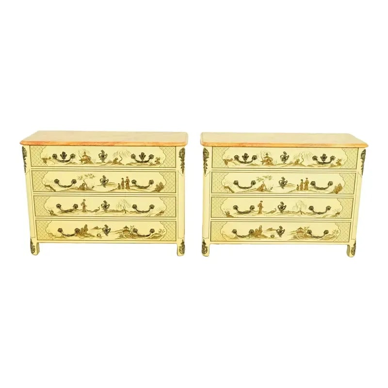 Baker Furniture Style French Regency Louis XVI Chinoiserie Cream Lacquered Dresser Chests, Pair (1 of 11)