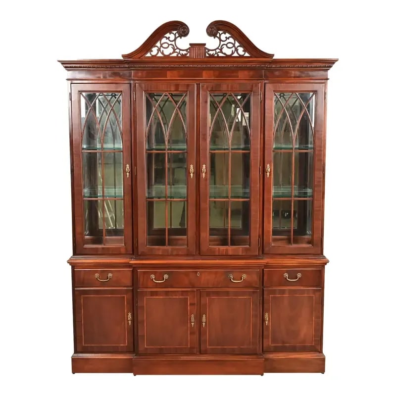 Ethan Allen Georgian Inlaid Mahogany Lighted Breakfront Bookcase Cabinet (1 of 14)