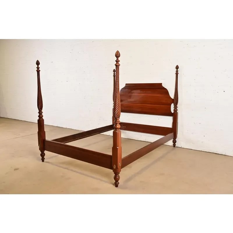 Ethan Allen Georgian Carved Solid Cherry Wood Queen Size Poster Bed - 3