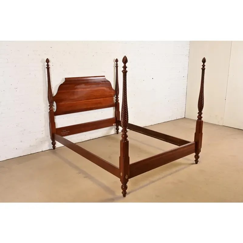 Ethan Allen Georgian Carved Solid Cherry Wood Queen Size Poster Bed - 4