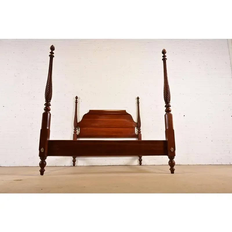 Ethan Allen Georgian Carved Solid Cherry Wood Queen Size Poster Bed - 9