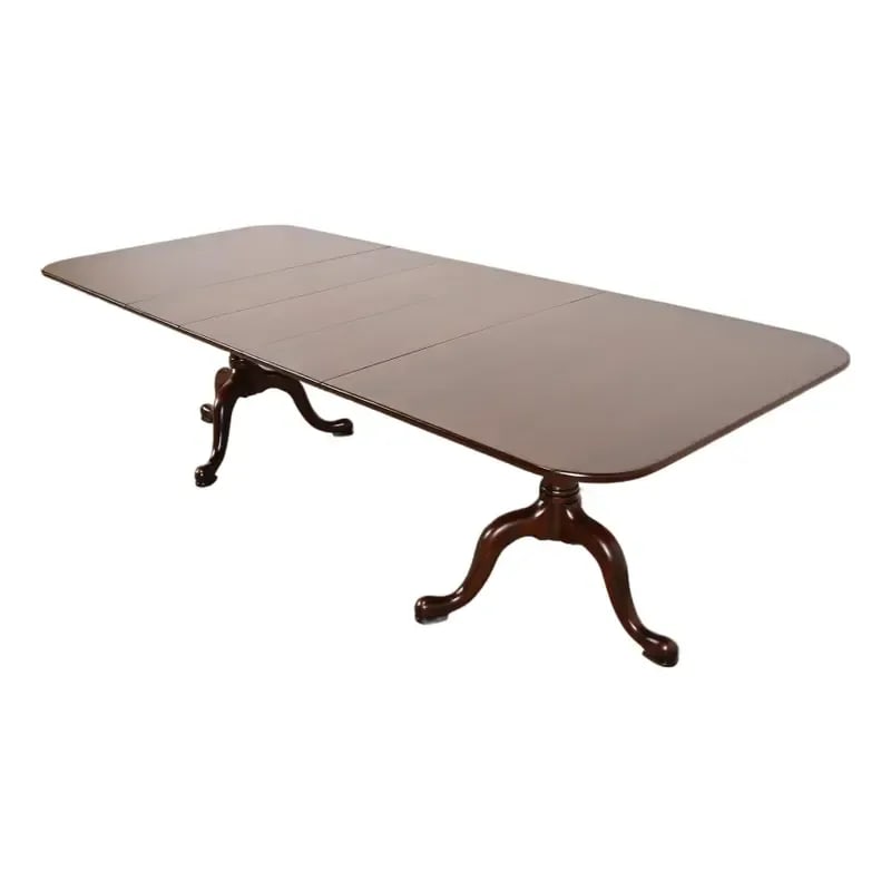 Henkel Harris Georgian Solid Mahogany Double Pedestal Extension Dining Table, Newly Refinished: An exceptional Georgian or Regency style double pedestal extension dining table By Henkel Harris USA, 1971 Measures: 66"W x 44"D x 29.5"H. Extends up to 108"W with three 14" leaves. Professionally ref