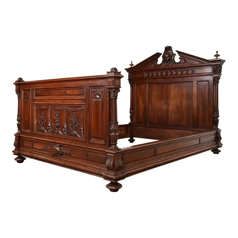 Antique French Renaissance Revival Carved Walnut Full Size Bed, Circa 1880s (1 of 9)