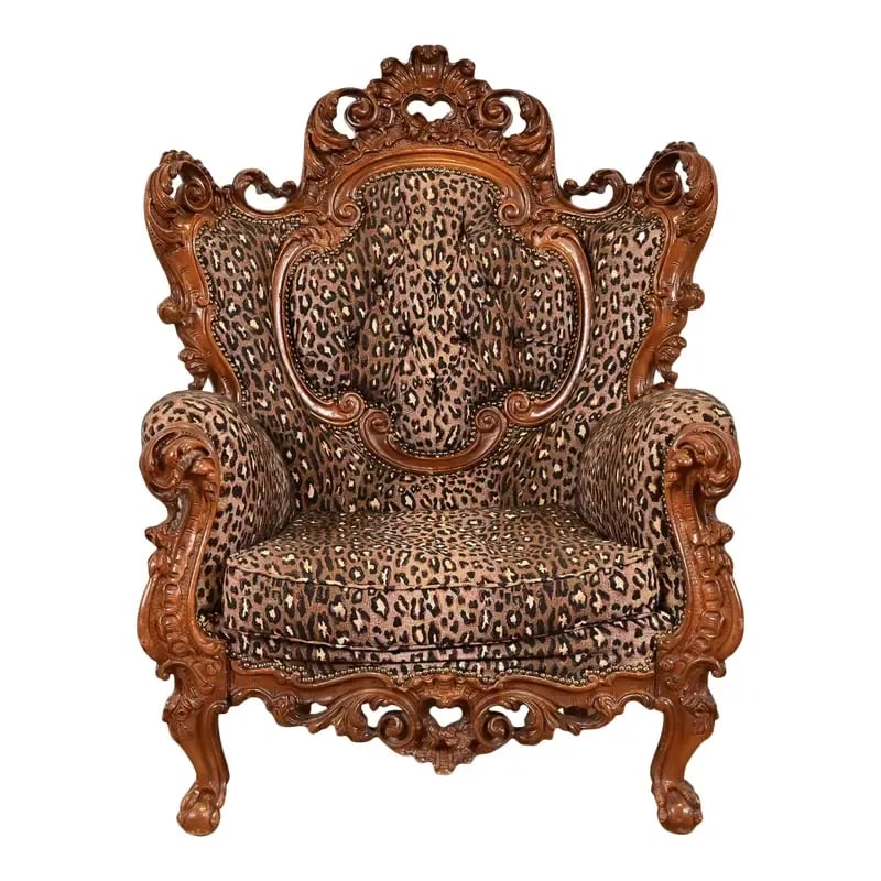 Italian Baroque Ornate Carved Walnut Throne Chair or Lounge Chair With Leopard Print Upholstery (1 of 13)
