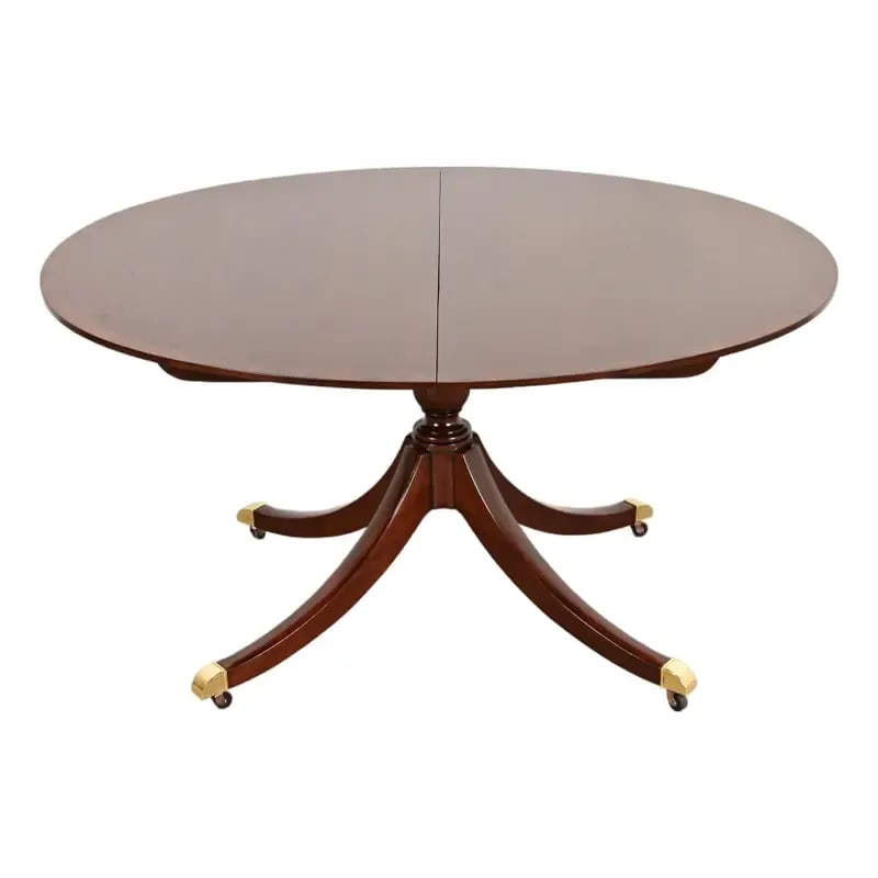 Baker Furniture Georgian Banded Mahogany Pedestal Extension Dining Table, Newly Refinished: An exceptional Georgian or Regency style single pedestal extension dining table By Baker Furniture USA, Circa 1980s Beautiful banded mahogany top, with carved pedestals, and brass-capped feet on caste