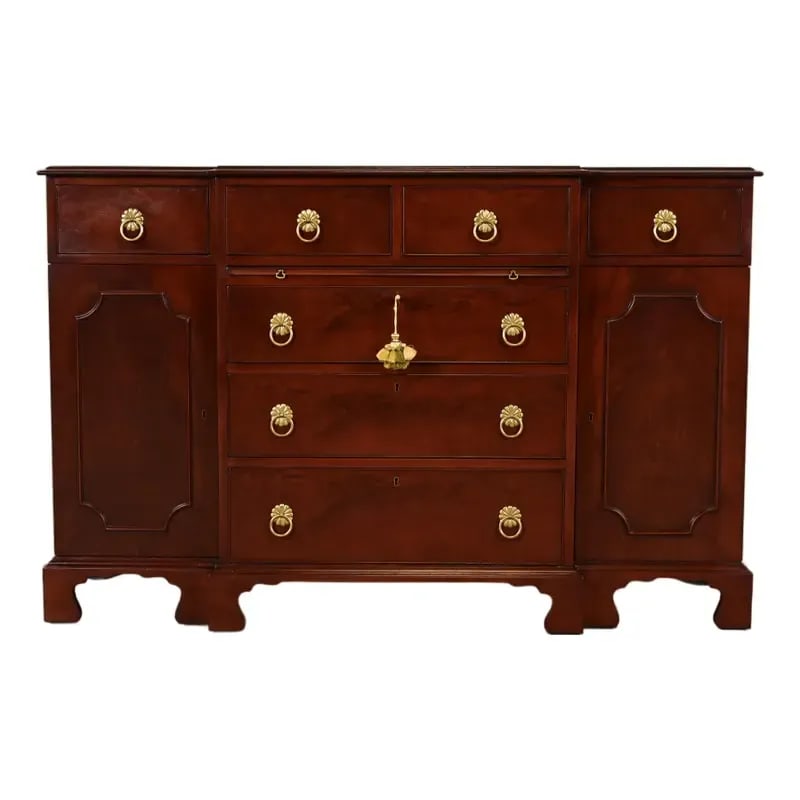 Beacon Hill Collection Chippendale Flame Mahogany Breakfront Sideboard or Bar Cabinet, Circa 1940s: A beautiful Georgian or Chippendale style sideboard, buffet server, or bar cabinet By Beacon Hill Collection USA, Circa 1940s Carved flame mahogany, with original brass hardware. Measures: 55.5"W x 19