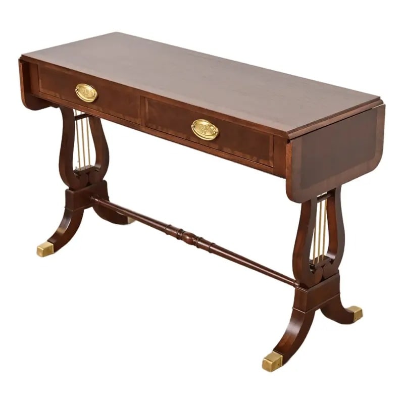 Baker Furniture English Regency Banded Mahogany Lyre Base Console Table, Newly Refinished (1 of 17)
