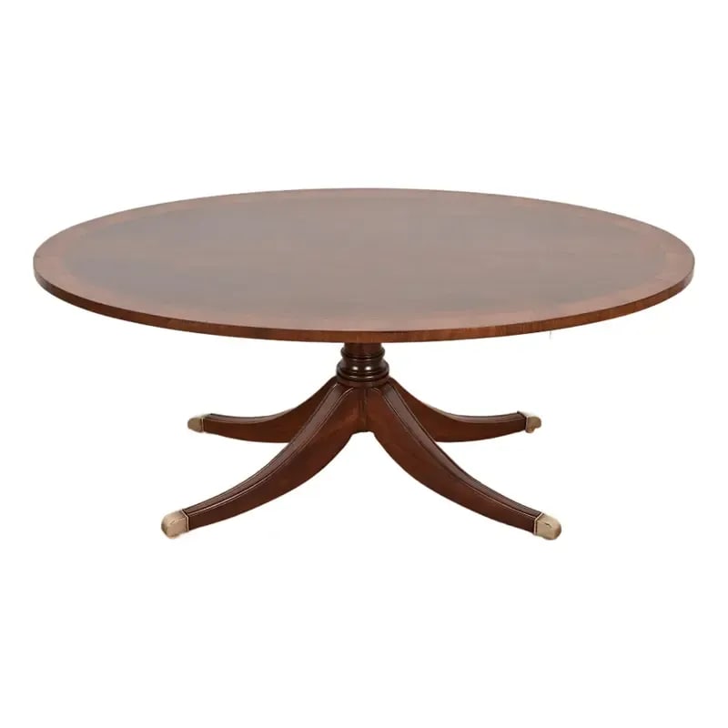 Ethan Allen Regency Banded Flame Mahogany Pedestal Coffee Table, Newly Refinished (1 of 10)