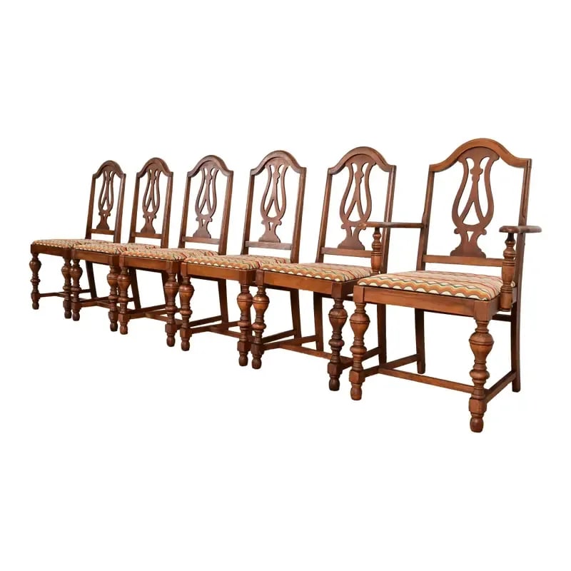 Berkey & Gay Style Antique English Jacobean Carved Walnut Dining Chairs, Set of Six (1 of 13)