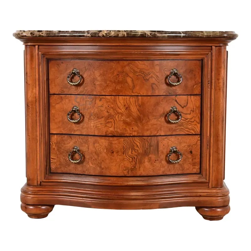Thomasville French Louis Philippe Burl Wood Marble Top Three-Drawer Dresser Chest: A beautiful French Empire or Louis Philippe style three-drawer dresser, commode, or chest of drawers By Thomasville USA, Late 20th Century Gorgeous burl wood, with thick beveled marble top, and origin
