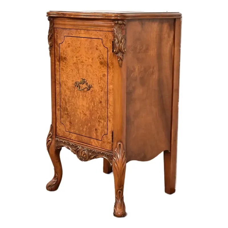 Romweber French Provincial Louis XV Burl Wood Nightstand, Circa 1920s: A gorgeous French Provincial Louis XV style nightstand or side table By Romweber USA, Circa 1920s Stunning exotic burled Acacia wood, with carved cabriole legs, and original brass hardware. Measures: 