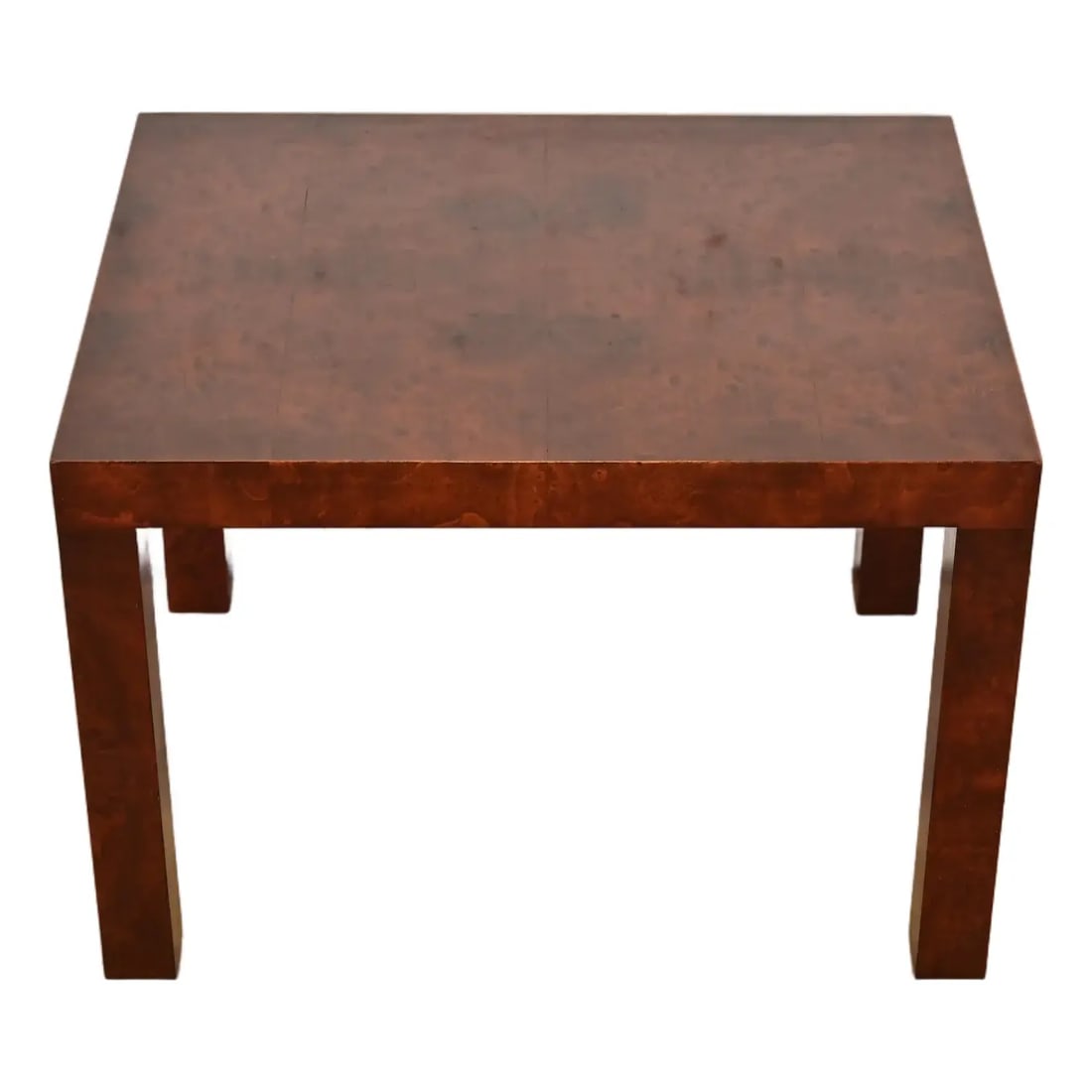 Paul Evans for Directional Mid-Century Modern Burl Wood Parsons Side Table, 1960s: A sleek and stylish Mid-Century Modern Parsons side table in gorgeous book-matched burl wood By Paul Evans for Directional and produced by Calvin Furniture USA, 1960s Measures: 25"W x 20"D x 17.75"H. 