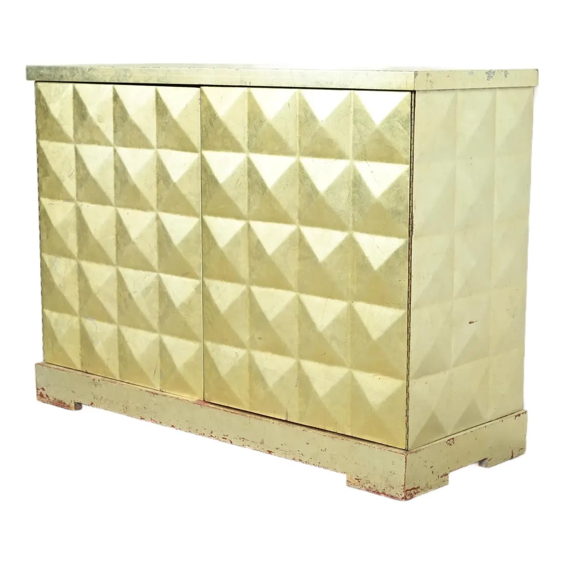 Barbara Barry for Baker Furniture Diamond Silver Leaf Cabinet or Credenza: An outstanding modern Hollywood Regency style diamond faceted sideboard or bar cabinet By Barbara Barry for Baker Furniture USA, Circa 1990s Silver leaf finish, with diamond faceted front and sides, a