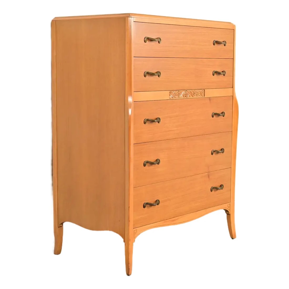 Mid-Century French Regency Carved Mahogany Highboy Dresser or Chest of Drawers, Circa 1950s: A gorgeous Mid-Century French Regency or Hollywood Regency style highboy dresser or chest of drawers By R-Way Furniture Co. USA, Circa 1950s Beautiful carved bleached mahogany, with original brass har