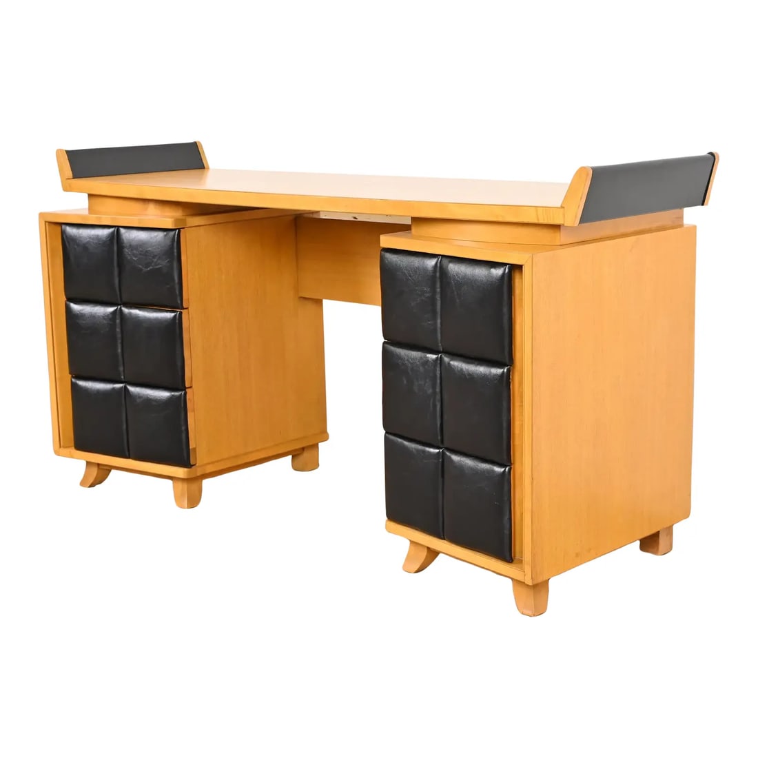 Gilbert Rohde for Herman Miller Art Deco Vanity or Desk, 1930s: An exceptional Art Deco or Mid-Century Modern vanity or desk By Gilbert Rohde for Herman Miller USA, 1930s Mahogany, with black leatherette drawer fronts and black lacquered "wings". Measures 56.25"W 