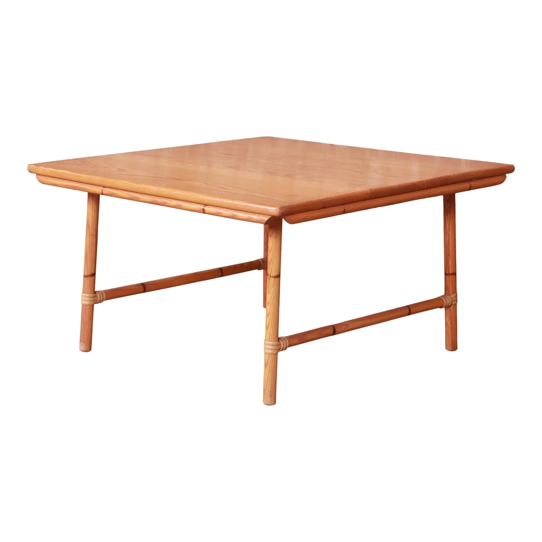 Heywood Wakefield Ashcraft Mid-Century Modern Hollywood Regency Bamboo Form Coffee Table, 1950s: A gorgeous mid-century modern Hollywood Regency Chinoiserie square coffee table By Heywood Wakefield USA, 1950s Solid ash top, with bamboo form legs and stretchers. Measures: 30.25"W x 30"D x 17"H.