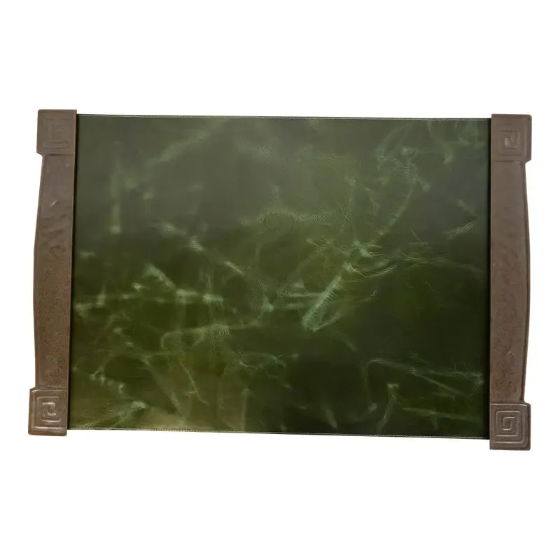Tiffany Studios New York Modeled Greek Key Bronze Blotter Ends With Leather Desk Blotter: A gorgeous pair of Arts & Crafts period "Modeled" Greek Key pattern bronze blotter ends, with a custom green leather desk blotter. By Tiffany Studios (blotter ends signed to the underside) New York, U