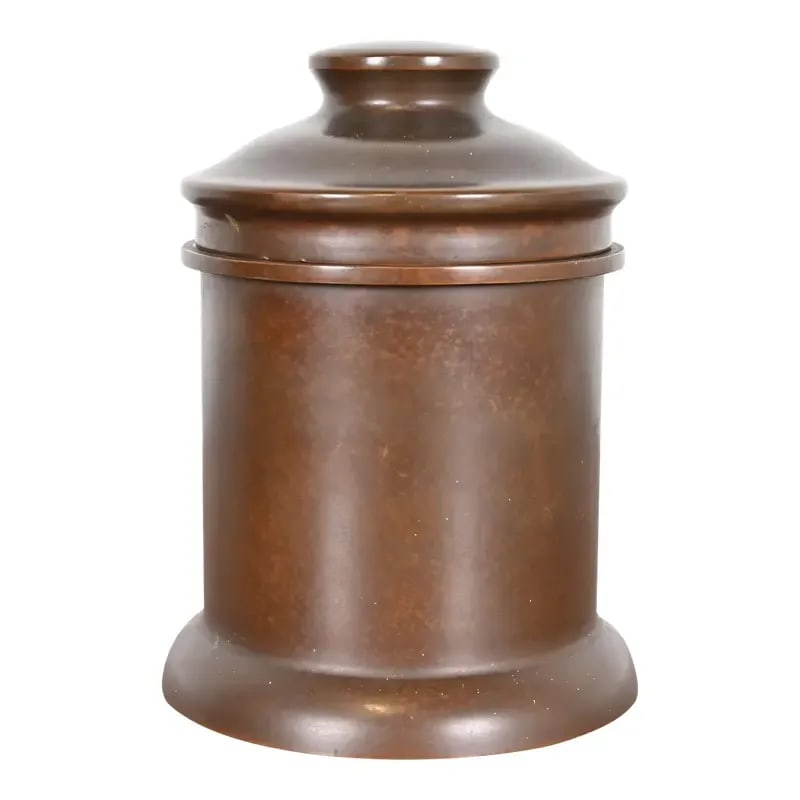 Heintz Arts & Crafts Bronze Round Container With Lid, Circa 1910: A beautiful Arts & Crafts period bronze round container with lid By Heintz Art Metal Shop USA, Early 20th Century Measures: 5.25"W x 5.25"D x 7.25"H. Good original vintage condition, with beautiful pa