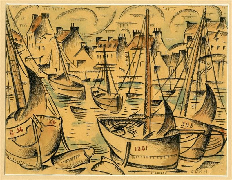 1913 Mix media Crayon & watercolour ...Camaret Edmund Daniel Kinzinger 1888-1963 TX./Germany: Pencil titled, initial signed, and dated Camaret EDK 1913. First image is a scan from Epson 10,000 XL 400 pixels professional scanner.Measurements: 12 1/4 x 9 1/2 ". Provenance: estate of Dr. Edmund D