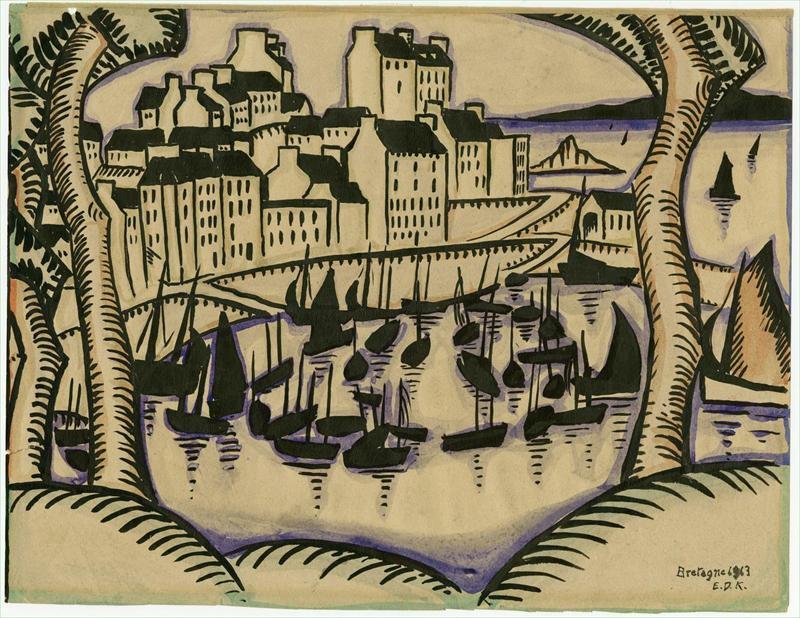 1913 Watercolour on paper titled Bretagne Edmund Daniel Kinzinger 1888-1963 TX./Germany: Watercolour on paper signed, titled, and dated lower right; EDK Bretagne 1913. First image is a scan from a Epson 10,000 XL 400 pixels professional scanner. {Similar works in a book on Edmund Kinzinge