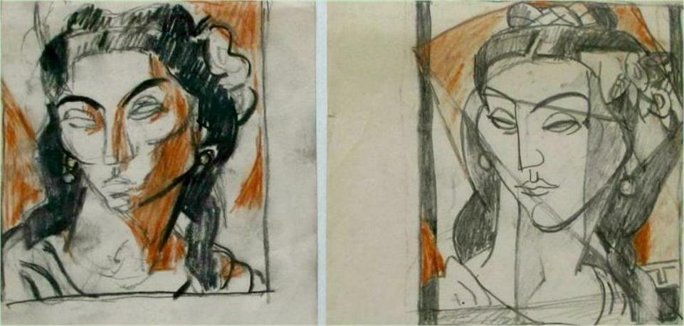 Two 1939 studies..crayon and pencil on paper Edmund D. Kinzinger 1888-1963 TX./Germany: Two studies; pencil and crayon on paper. Unsigned. Estate stamped.Last two images are scans from a Epson 10,000 XL 400 pixels professional scanner. Measurements: sheets; 8 1/2 x 6 and 4 7/8 x 8 1/2&rd