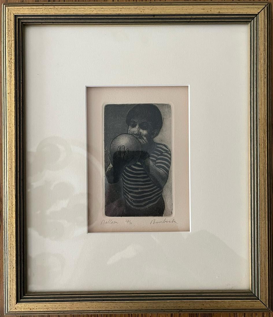 DAVID BUMBECK - "Balloon": hand signed and numbered etching, "Balloon"; image size 4" x 3", edition of 30, framed