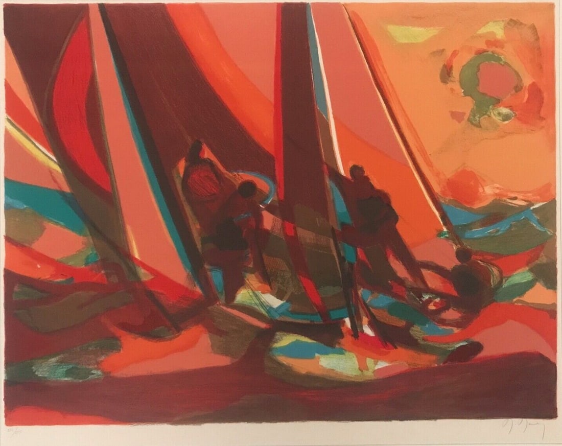 MARCEL MOULY - "Red Sails": hand signed and numbered lithograph on paper, "Red Sails"; image size 19" x 25", edition of 214/225, unframed