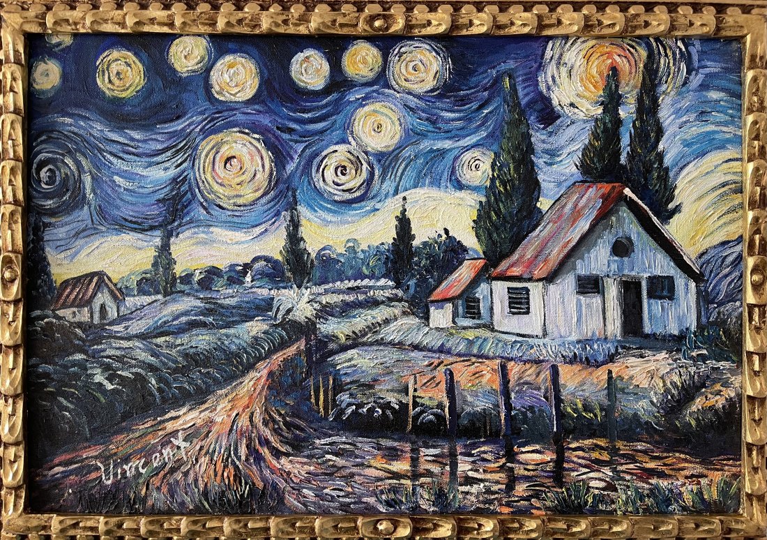 Vincent Van Gogh (Oil on Canvas Painting) in the style of: Vincent Van Gogh appears in Lower Left. Rendered in the Post-Impressionist style of Vincent Van Gogh. Technique: Oil on Canvas Painting. Measures: 15 x 23 Inches. Provenance: Private Collector. A Cert
