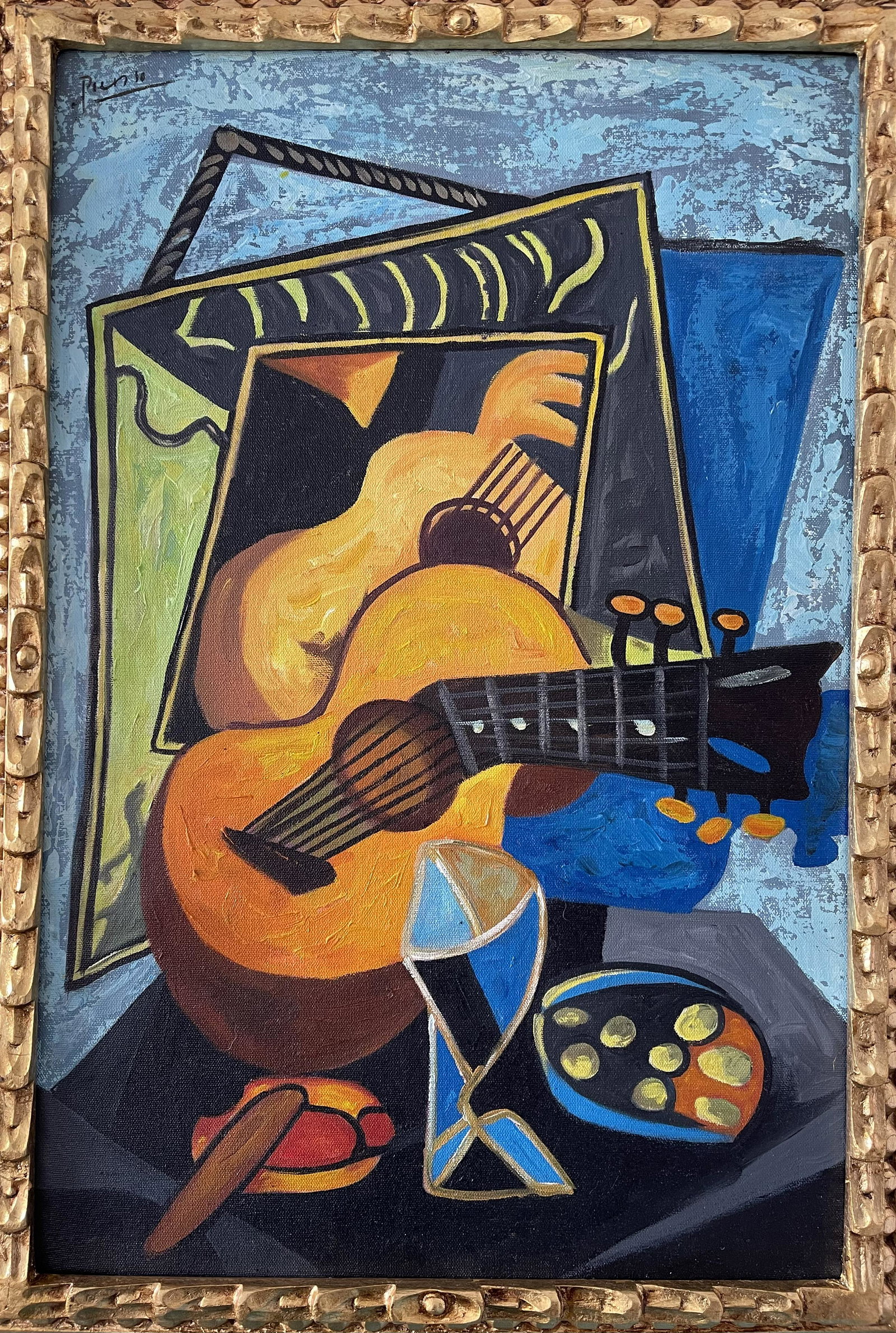 Pablo Picasso (Oil on Canvas Painting) in the style of: Pablo Picasso appears in Upper Left. Rendered in the Cubist style of Pablo Picasso. Technique: Oil on Canvas Painting. Measures: 15 x 23 Inches. Provenance: Private Collector. A Certificate Accompanie