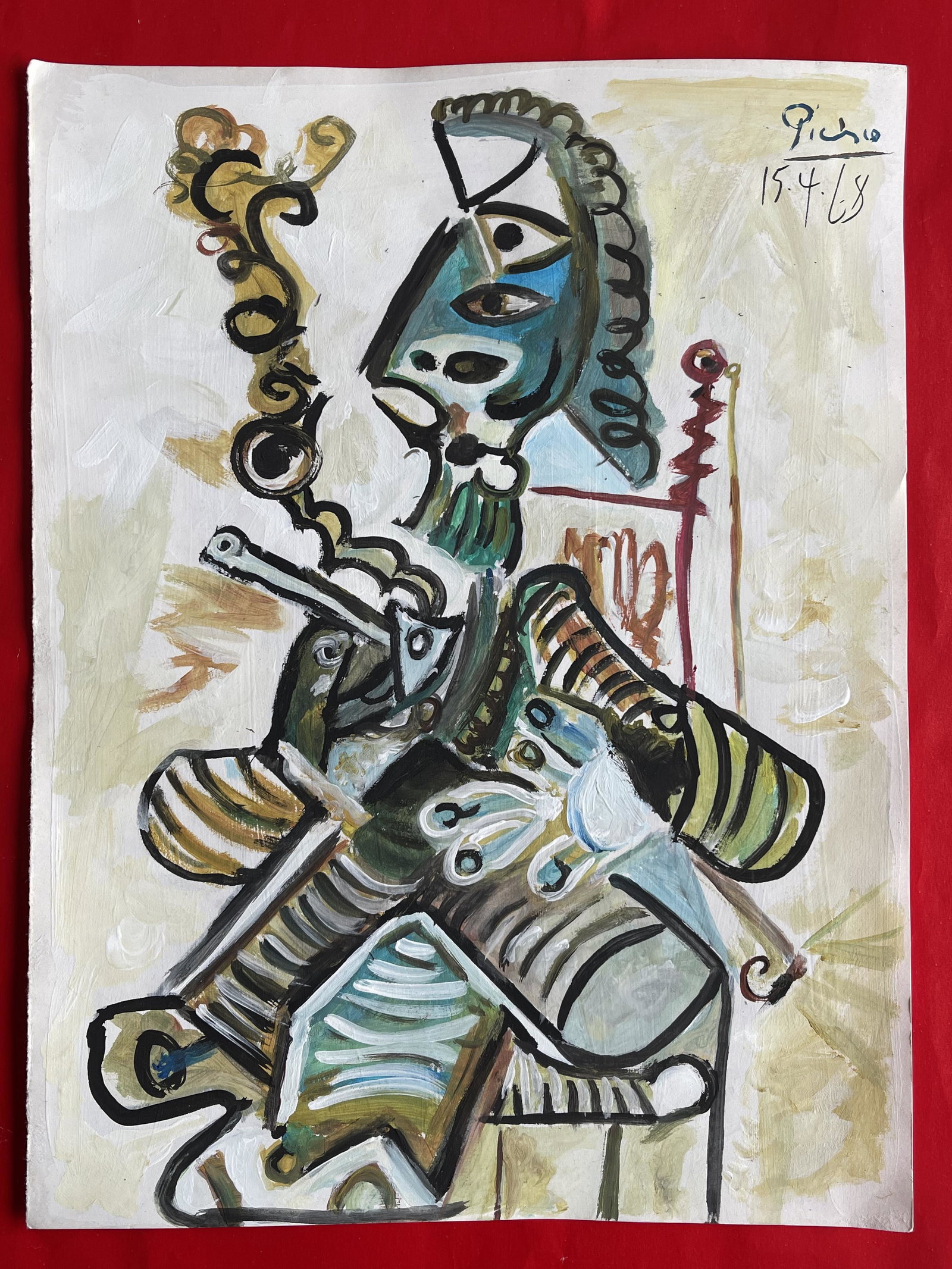 Pablo Picasso (Oil on Paper Painting) in the style of: Pablo Picasso appears in Upper Right of the painting. Rendered in the style of Pablo Picasso. Technique: Oil on Paper Painting. Measures: 8 x 11 Inches. Provenance: Private Collection. A Certificate A