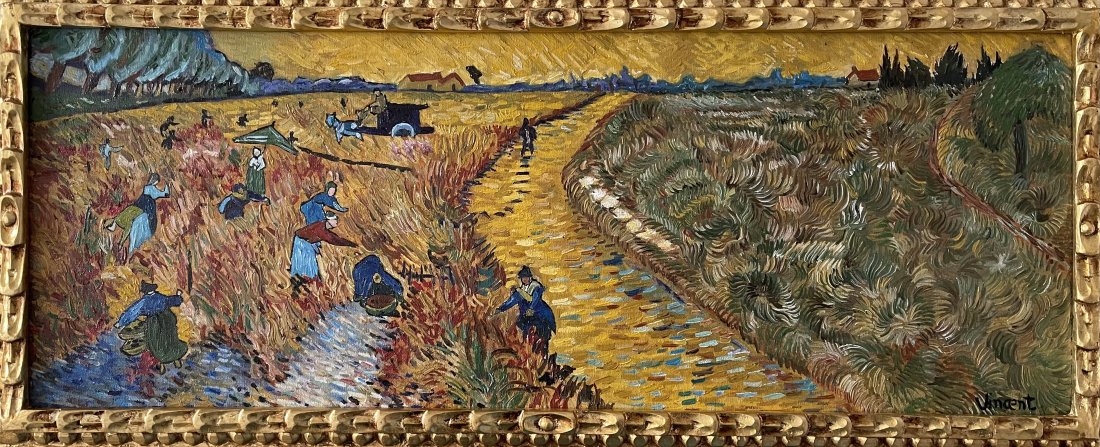 Vincent Van Gogh (Oil on Canvas Painting) in the style of: Vincent Van Gogh appears in Lower Right. Rendered in the Post-Impressionist style of Vincent Van Gogh. Technique: Oil on Canvas Painting. Measures: 12 x 31 Inches. Provenance: Private Collector. A Cer