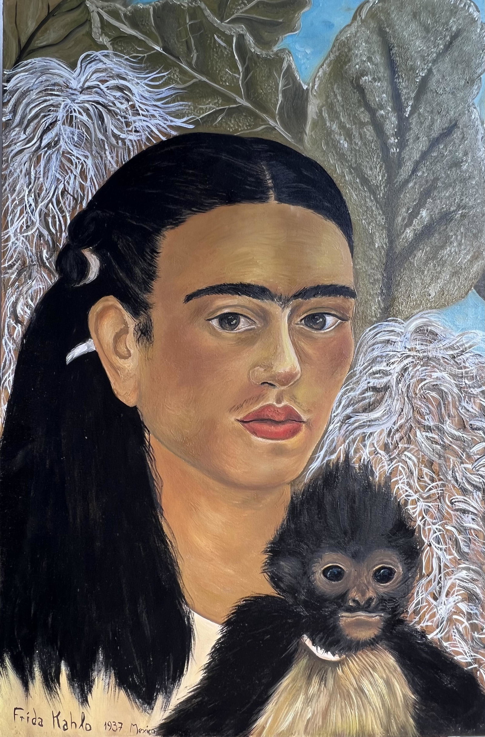 Frida Kahlo (Oil on Canvas Painting) in the style of: Frida Kahlo appears in lower left. Rendered in the style of Frida Kahlo. Technique: Oil on Canvas Painting. Measures: 15 x 23 Inches. Provenance: Private Collector. A Certificate Accompanies this lot.
