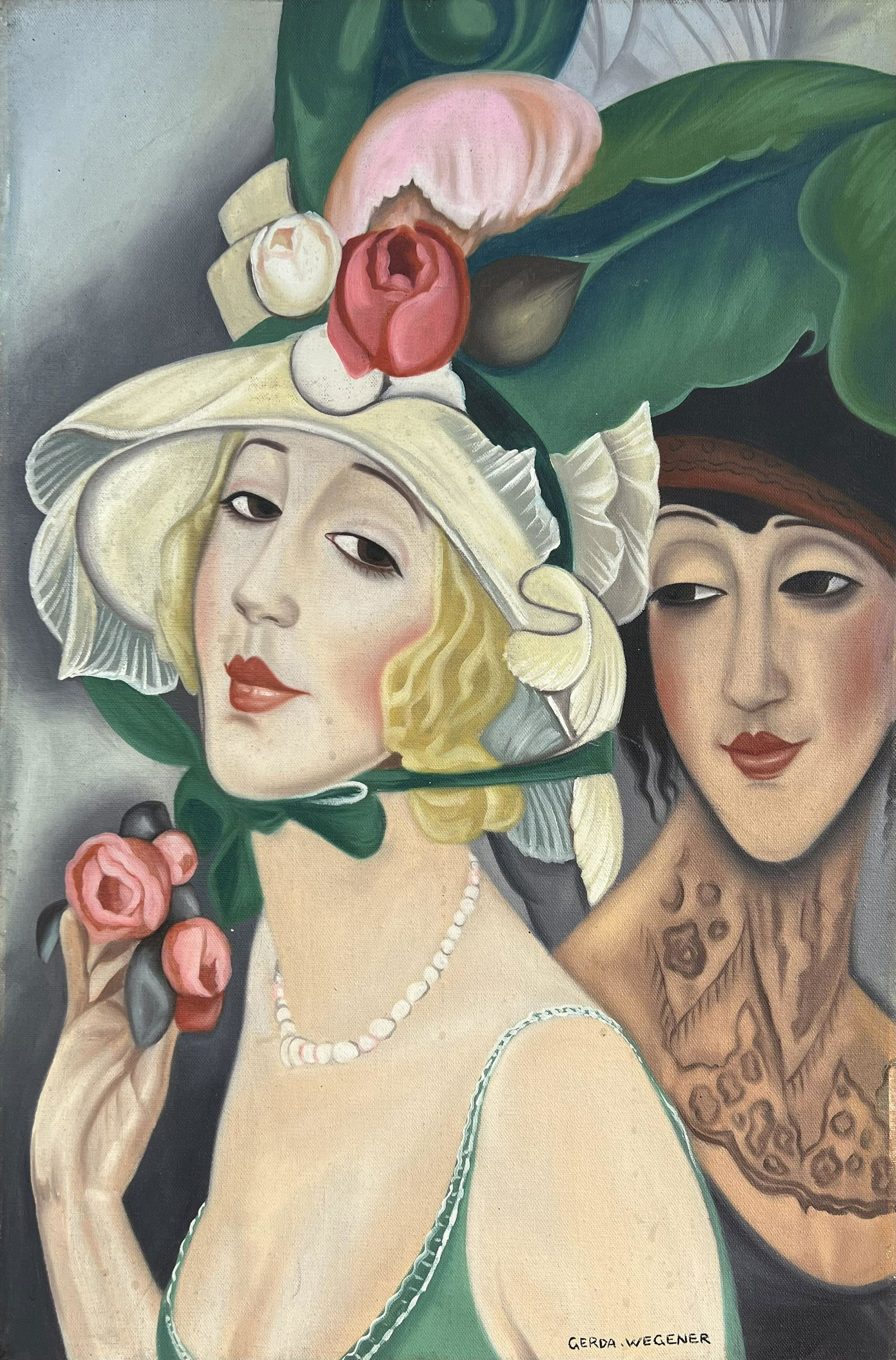 Gerda Wegener (Oil on Canvas Painting) in the style of: Gerda Wegener appears in lower right. Rendered in the style of Gerda Wegener. Technique: Oil on Canvas Painting. Measures: 15 x 23 Inches. Provenance: Private Collector. A Certificate Accompanies this