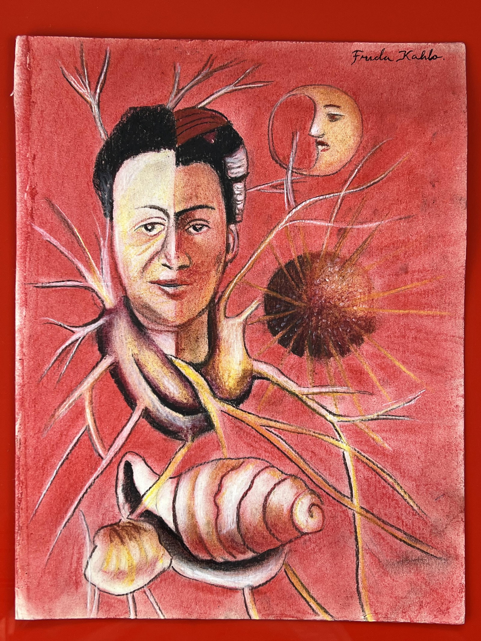 Frida Kahlo (Mixed Media on Paper Painting) in the style of: Frida Kahlo appears in Upper Right of the painting. Rendered in the style of Frida Kahlo. Technique: Mixed Media on Paper Painting. Measures: 8 x 11 Inches. Provenance: Private Collection. A Certifica