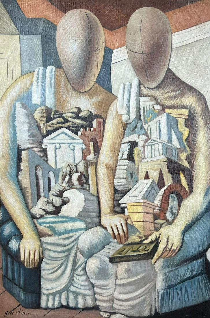 Giorgio de Chirico (Oil on Canvas Painting) in the style of: Giorgio de Chirico appears in lower left. Rendered in the neoclassical style of Giorgio de Chirico. Technique: Oil on Canvas Painting. Measures: 15 x 23 Inches. Provenance: Private Collector. A Certif