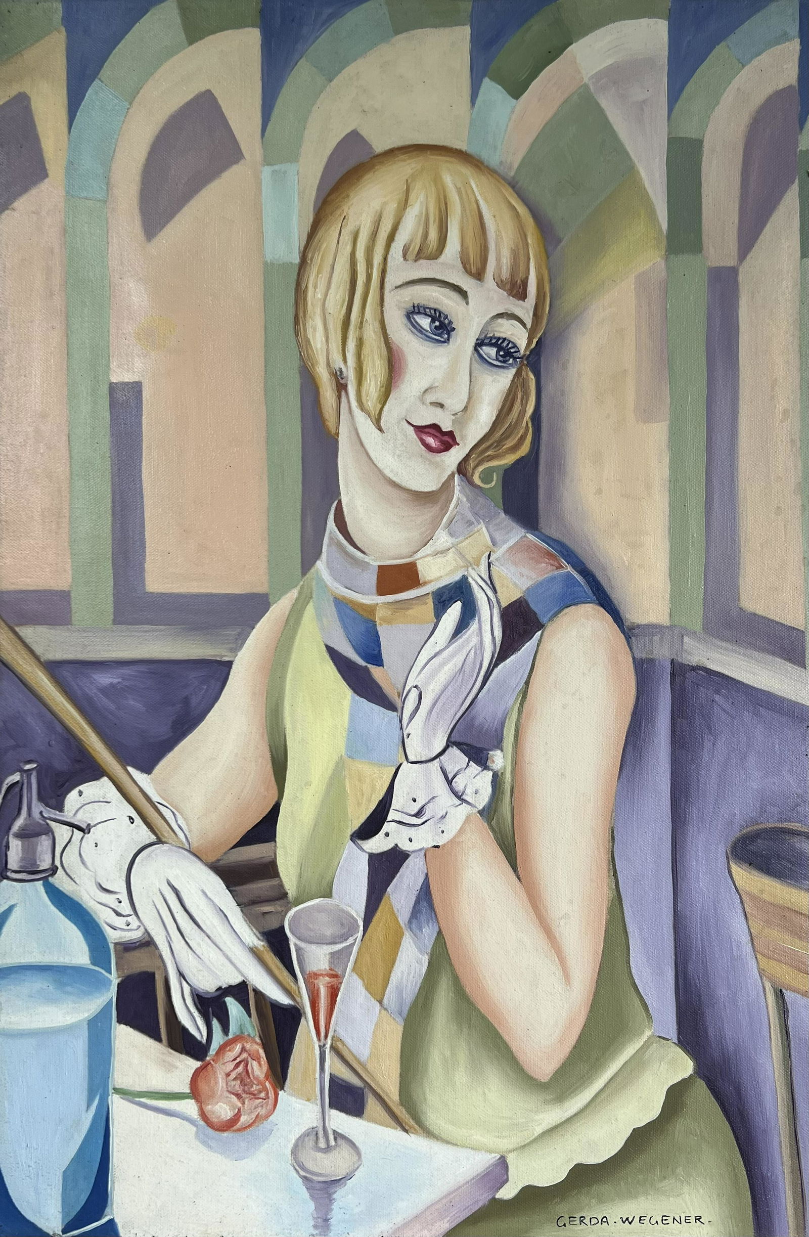 Gerda Wegener (Oil on Canvas Painting) in the style of: Gerda Wegener appears in lower right. Rendered in the style of Gerda Wegener. Technique: Oil on Canvas Painting. Measures: 15 x 23 Inches. Provenance: Private Collector. A Certificate Accompanies this