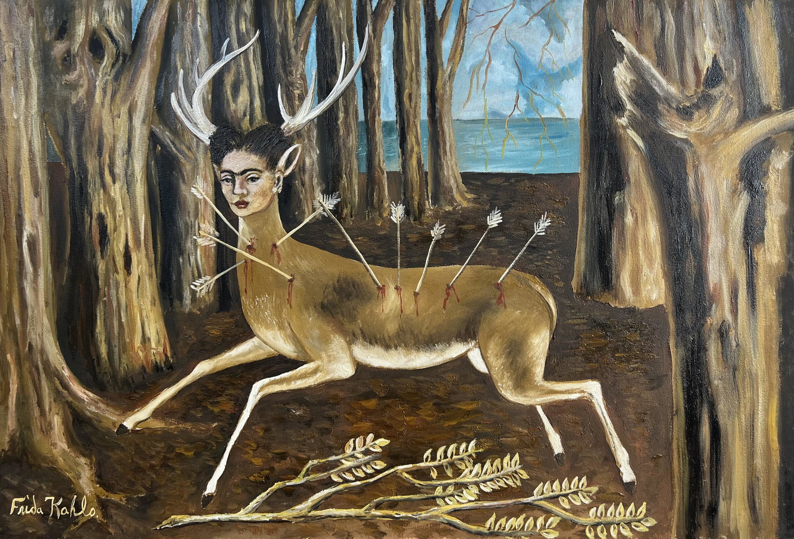 Frida Kahlo (Oil on Canvas Painting) in the style of: Frida Kahlo appears in lower left. Rendered in the style of Frida Kahlo. Technique: Oil on Canvas Painting. Measures: 15 x 23 Inches. Provenance: Private Collector. A Certificate Accompanies this lot.