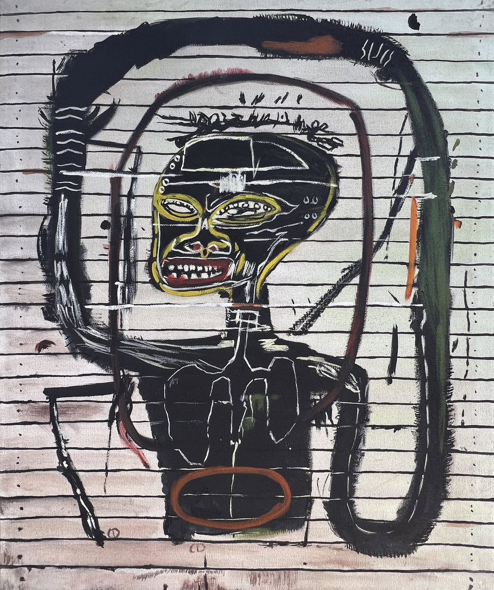 Jean-Michel Basquiat (Oil on Canvas Painting) in the style of: Rendered in the Neo-expressionism style of Jean-Michel Basquiat. Technique: Oil on Canvas Painting. Measures: 19 x 23 Inches. Provenance: Private Collector. A Certificate Accompanies this lot. This is